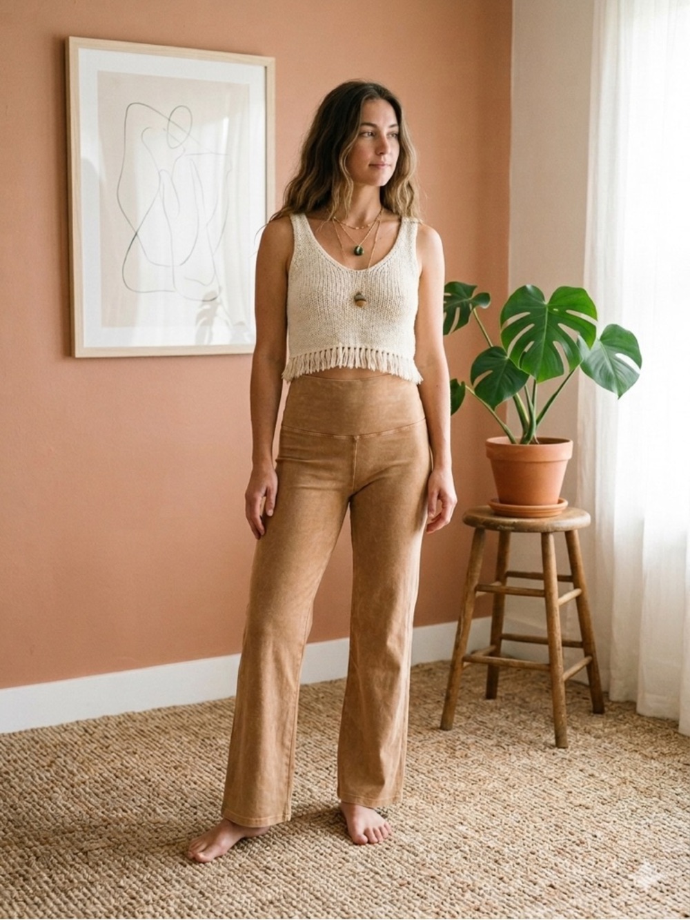 Hard Tail Forever Rollover Waist Flare Pants Mineral Wash Caramel Boho Small